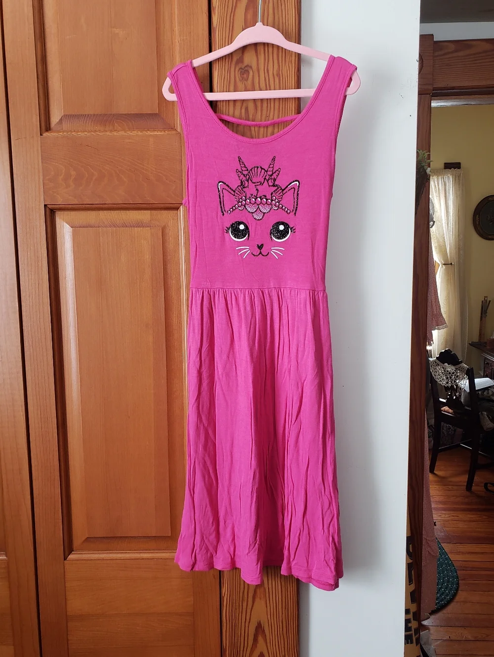 NWOT Justice Hot Fushia Pink Sleeveless Cat-Unicorn Seashell Dress 8